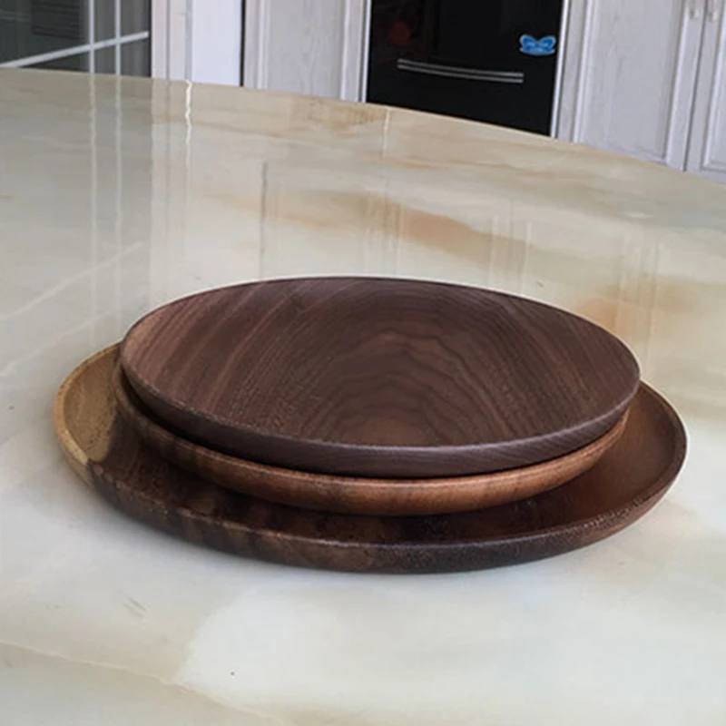 Real Wood Salad Bowl Wooden Creative Vintage Disc Fruit Wood Tray Eco-Friendly Round Wooden Dining Plate