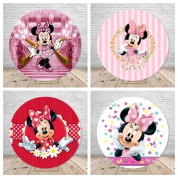 Cute Pink Red Minnie Mouse Elasticity Round Backdrop Cover For Girls Newborn Baby Shower 1st Birthday Party Circle Backgrounds