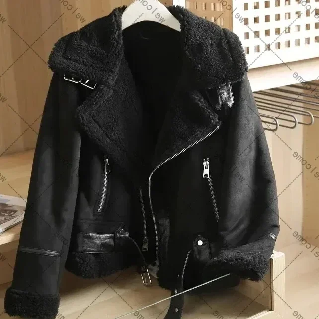 Chaqueta gruesa y cálida de piel de oveja para mujer, abrigo corto marrón para motocicleta, chaquetas de piel de oveja sintética, prendas de vestir de invierno