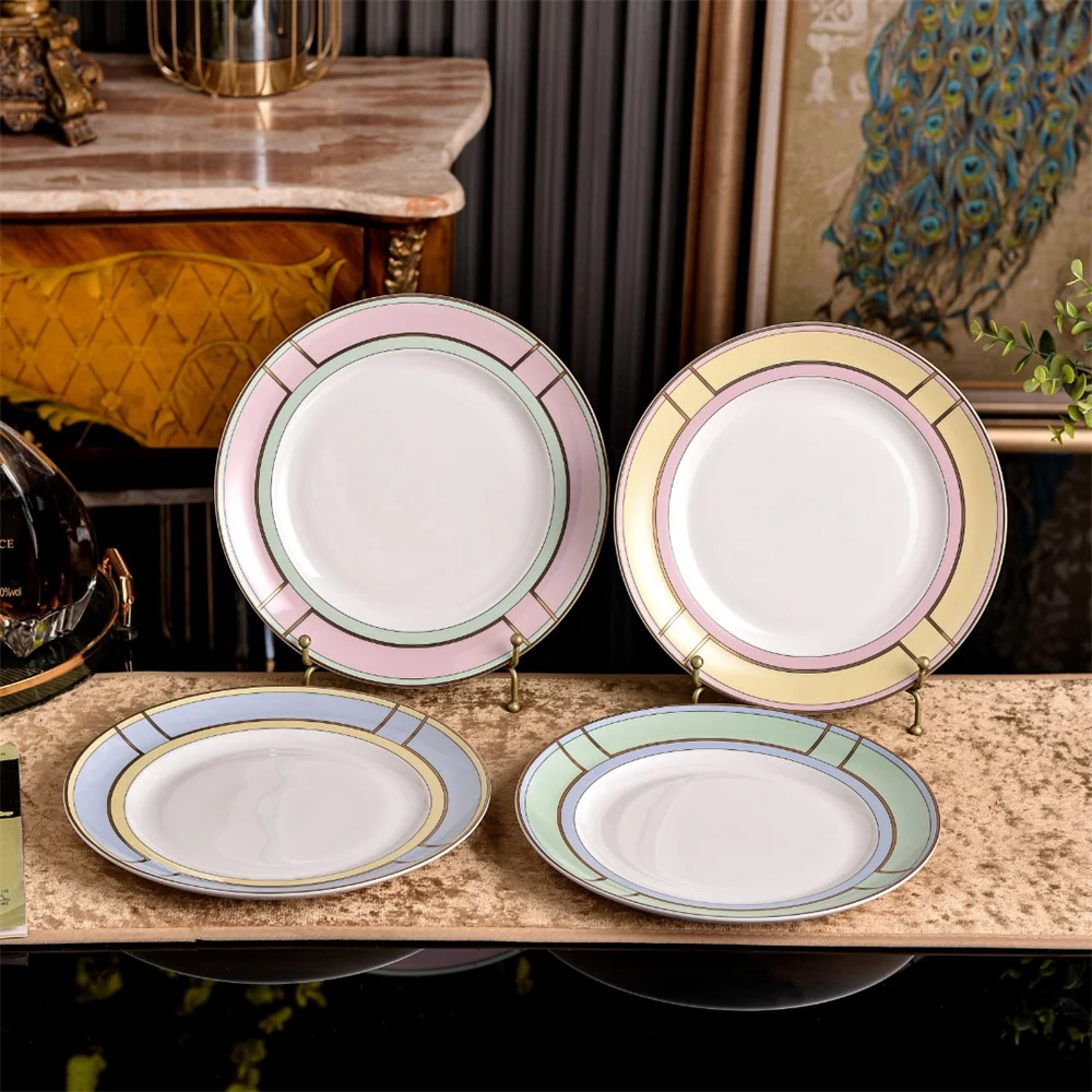 Italian Macaron Colored Ceramic Plate Fine Home 9-inch Porcelain Soup Plate Flat Plate Fruit Holder Mid-century Style Tableware