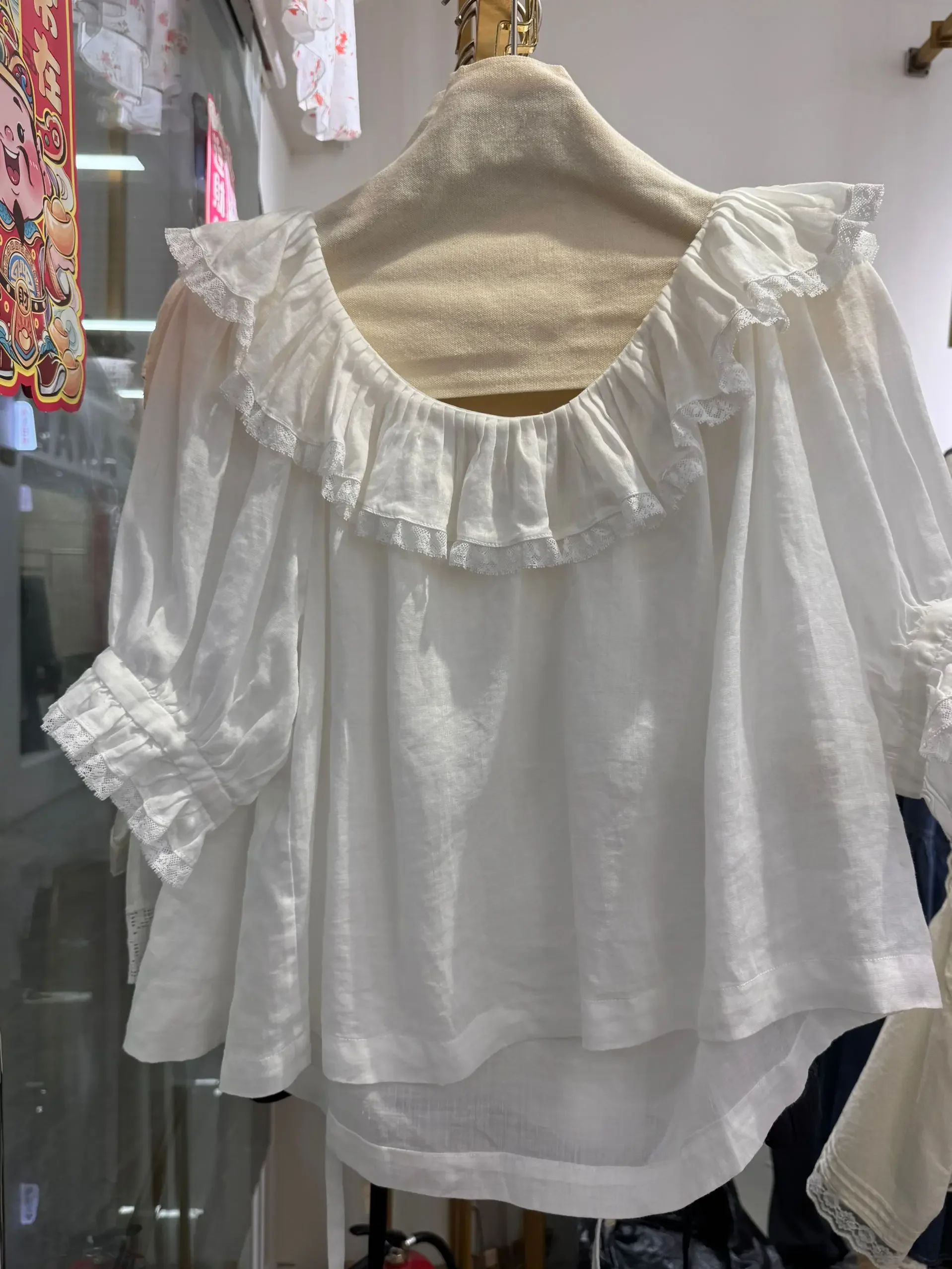 

Women Lace Embroidery Casual Shirt Ruffles Patchwork Round Neck Short Sleeve Fashion Loose Blouse Top