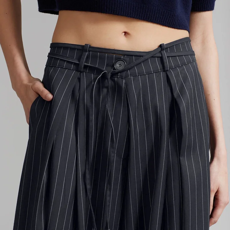 EAEOVNI Striped Fashion Loose Long Pants For Women Lace-up Waist Casual Wide Leg Trousers Office Lady 2025 Spring New 1A296