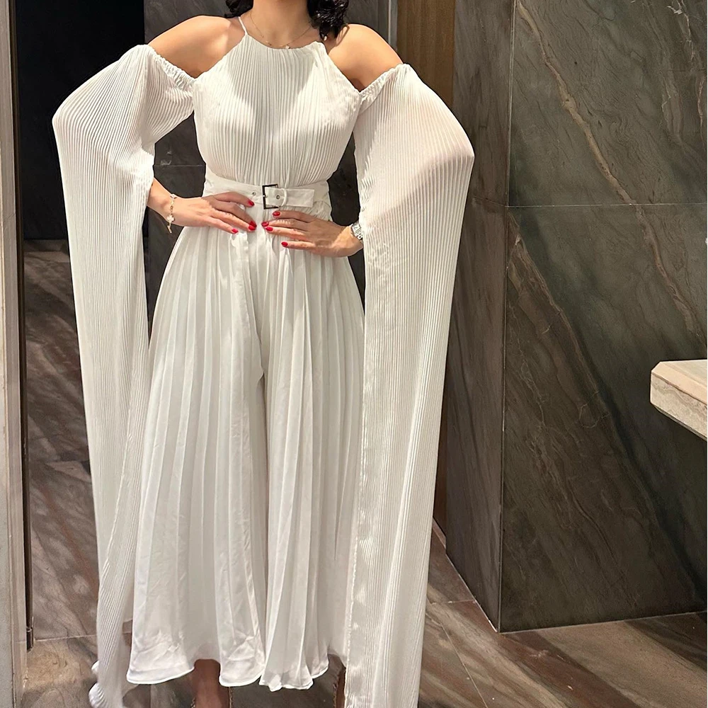 Customized Jersey A-Line Off the Shoulder Sashes Evening Dress O-neck Long Sleeves Floor Length Watteau Train White Modern