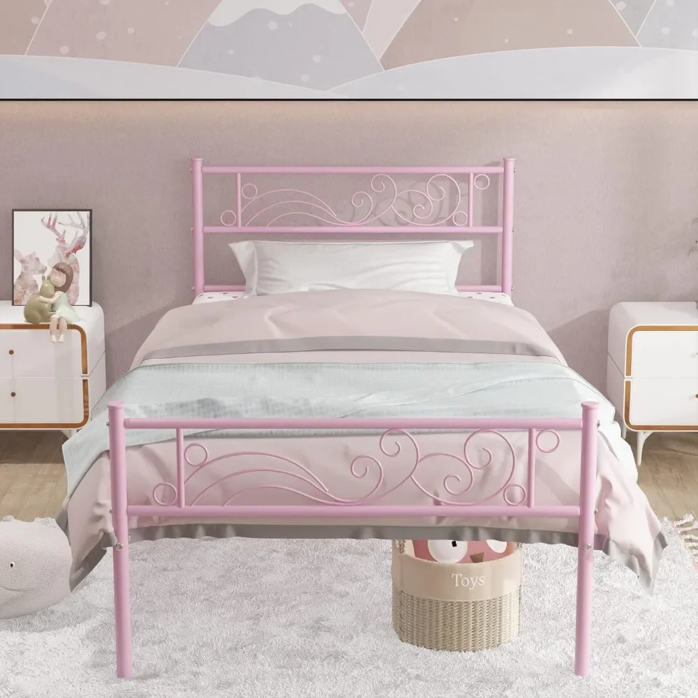 Twin Size Bed Frame with Headboard No Box Spring Needed Platform Single Bed for Kids, White