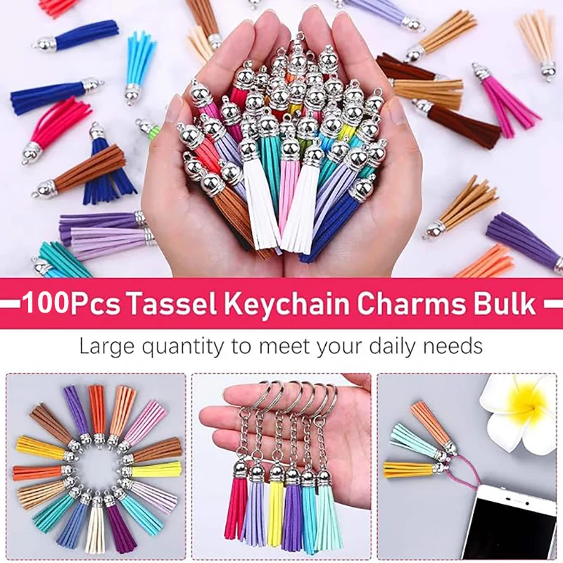 100Pcs Keychain Tassels Bulk 3cm Leather Tassel Pendants Colorful Tassels for Keychain DIY and Craft