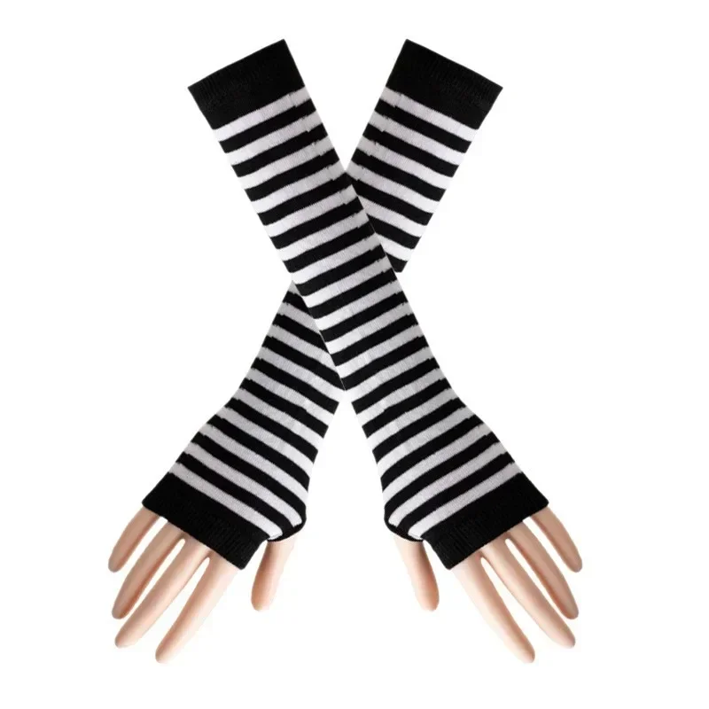 Gants sans doigts en tricot rayé pour femmes, longs, pour garder les bras au chaud, accessoire de costume d'Halloween, ouverts aux doigts, pour taper sur l'ordinateur, cosplay.
