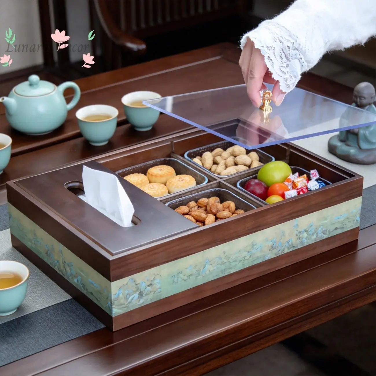 Solid wood dried fruit box Home hotel B & B fruit storage box High value solid wood drawing carton 2-in-1 fruit plate