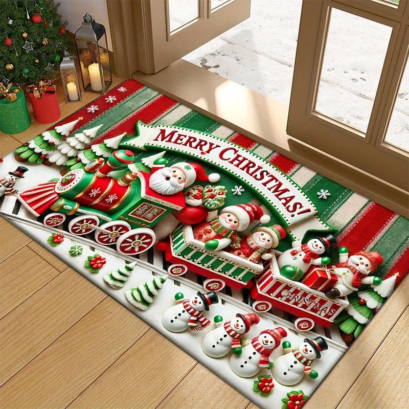 Christmas Train Flannel Door Mat Carpet, Santa Snowmen Merry Christmas Print Non-Slip  for Kitchen Living Room Decor