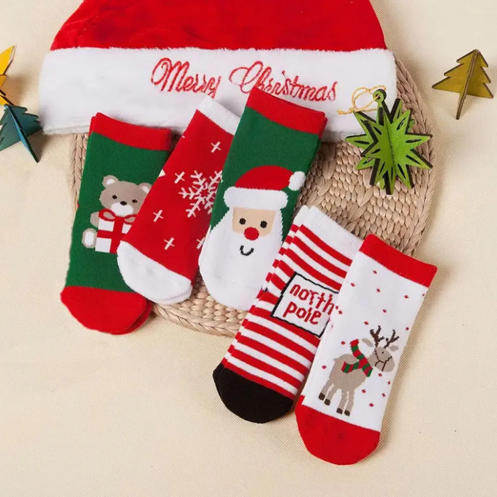 

5pcs Cozy Christmas Socks with Santa, Bear & Reindeer Designs - Thick Warm Mid-Calf Crew Socks for Men and Women, Christmas Gift