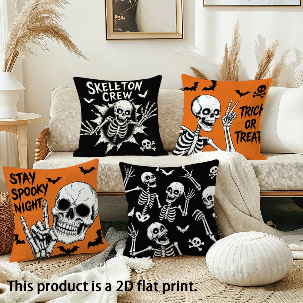 1pc Halloween Skeleton Throw Pillow Covers, Spooky Season Trick or Treat Cushion Cases for Home Decor