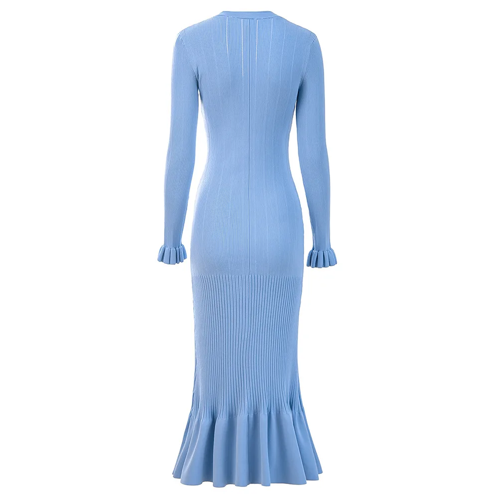 

Women's V-neck knitted dress long sleeves single breasted slim fit elegant maxi robe