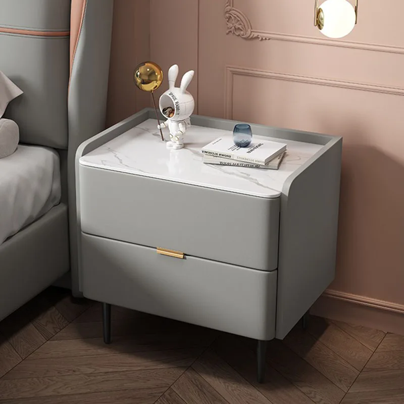 With Sintered Stone Top Modern High End Minimalist Wooden Bedside Table pink Bedside Table for Home Use Leather Bedside Table