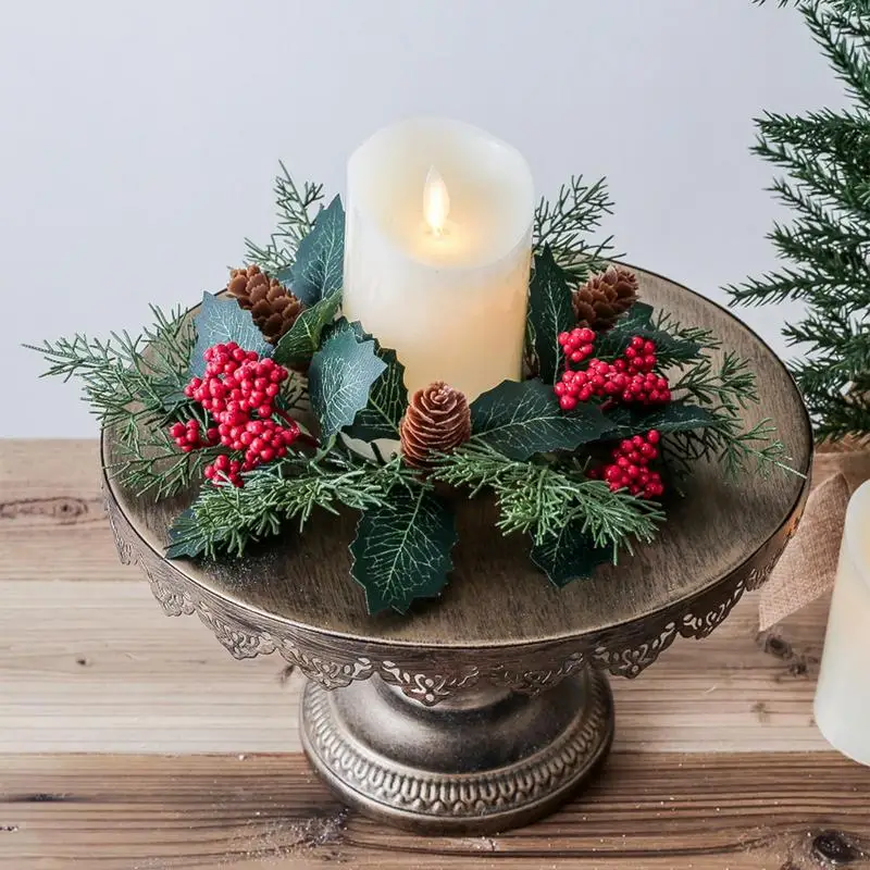 Candle Ring Wreath Decor Small Artificial Candle Wreath Candle Ring Pinecones Red Berry Candle Holder Greenery Table Centerpiece