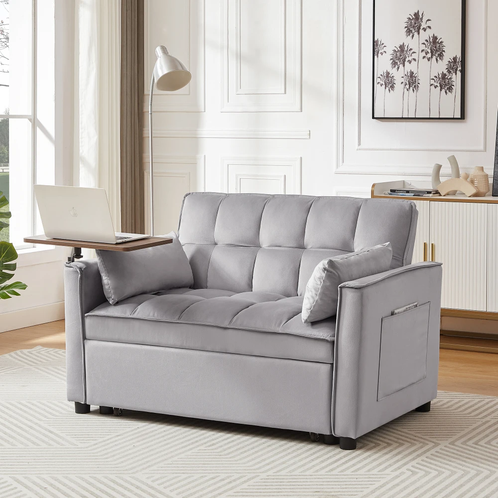 Grey Velvet Soft modern simple  Love seat Sofa converts into a Bed for multiple scenarios