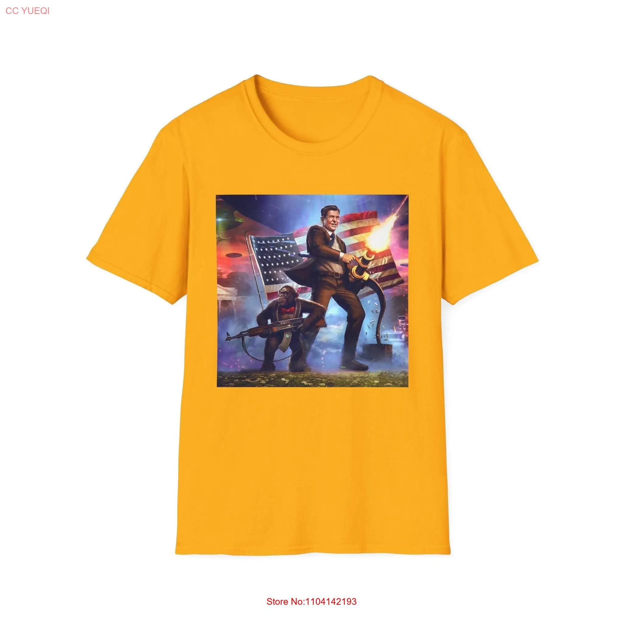 Reagan with a Chimpanzee Funny Meme AI Generated PresidenT T Shirt USA 4th of July Patriotic  long or short sleeves