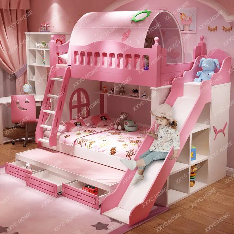 

Girl Princess Dream Slide Bed Bunk Bed Height-Adjustable Bed Upper and Lower Bunk Wooden Bed Bunk Bed