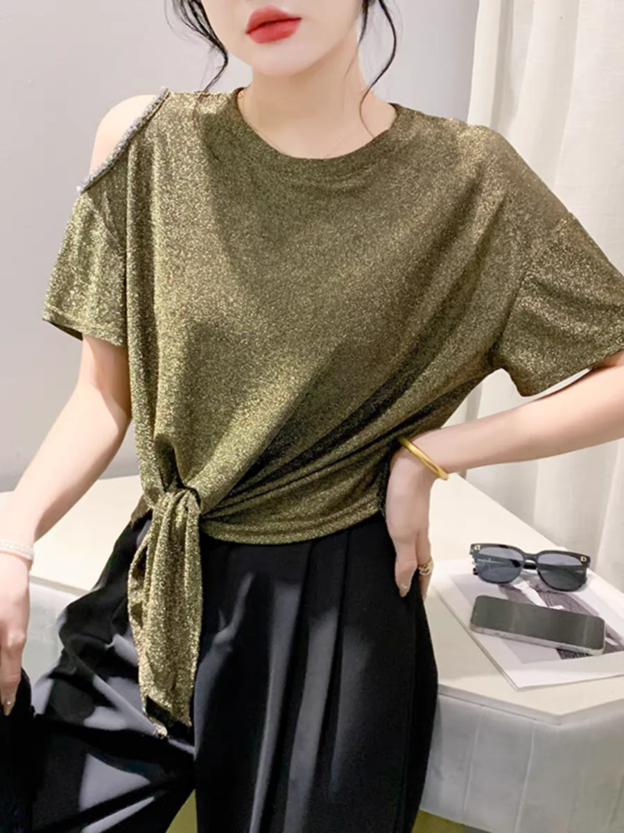 

Summer Off the Shoulder T-shirts Women Beaded Hollow Out Short Sleeves Loose Tops Female Bandage Gold Tee Shirt