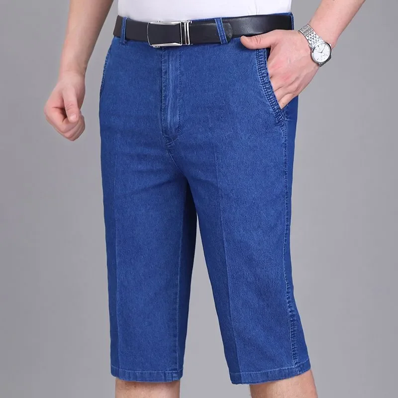 Men's Denim Bermuda Shorts Elastic Waist Straight Leg Loose Fit Lightweight Ice Silk Cotton Casual Dad Shorts In Blue Wash