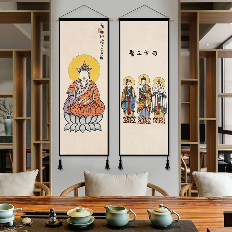 

Chinese Style Buddha Scroll Wall Paintings Vintage Room Decor Aesthetic Living Room Decorative Posters Picture Tapestry Wall Art