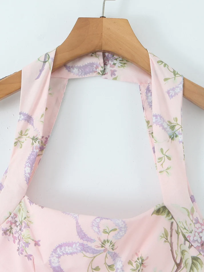 レトロ痩身花柄プリントホルタードレス女性のハイウエストロングスプリットスカートエレガントな夏ノースリーブポリエステル繊維