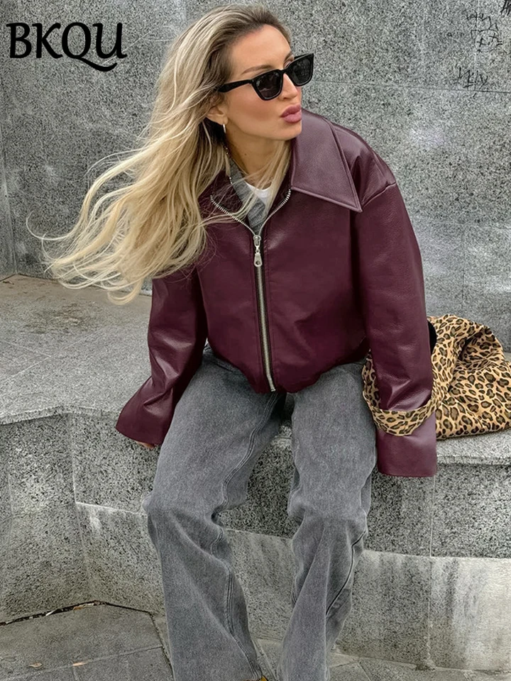 BKQU Wine Red Faux Leather Jackets 2024 Women's Moto Biker Zipper