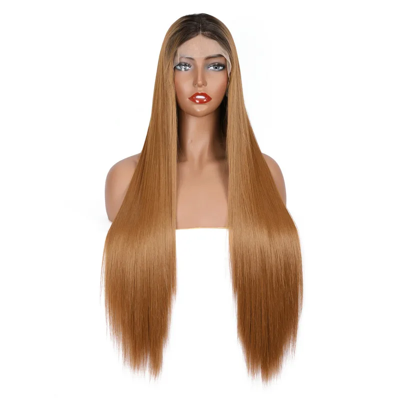 

Long Silky Straight Ombre Brown Lace Front Wig 26Inch 180%Density For Women With Baby Hair Glueless Synthetic Preplucked Daily