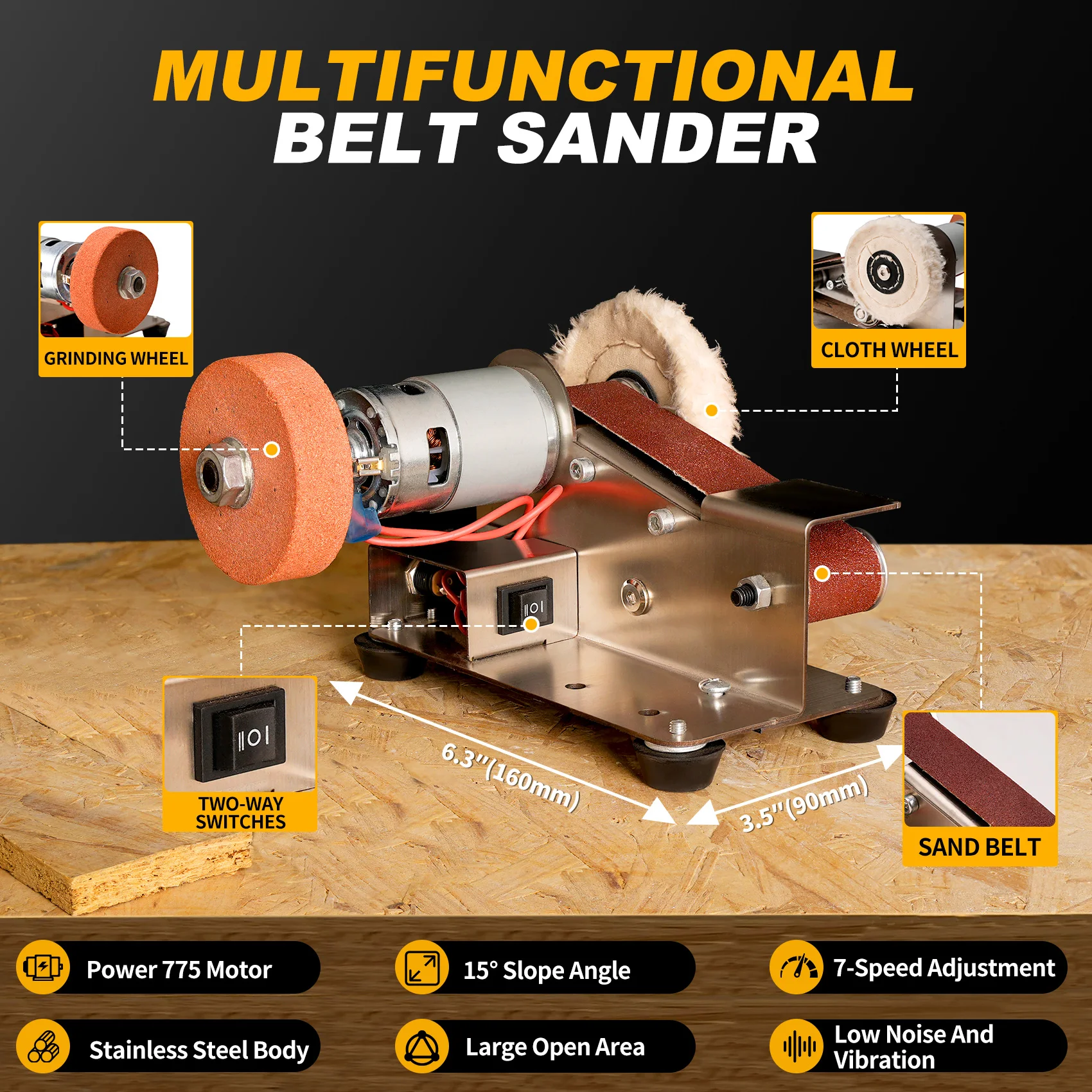 110V/220V Mini Electric Belt Sander 7 Speed Adjustable Electric Sander DIY Polishing Grinding Machine Cutter Edges Sharpener