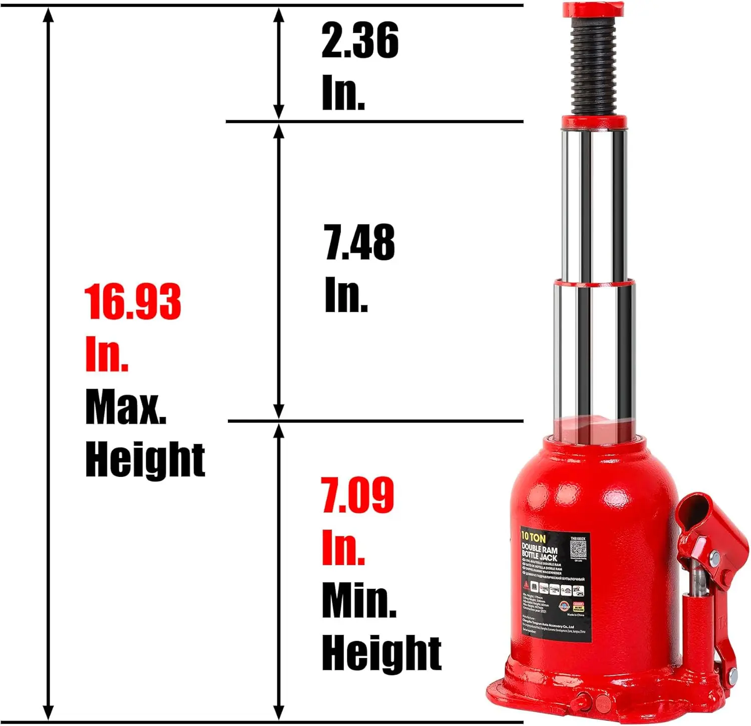 10 Ton Double Ram Hydraulic Car Bottle Jack for Auto Repair and House Lift, Red