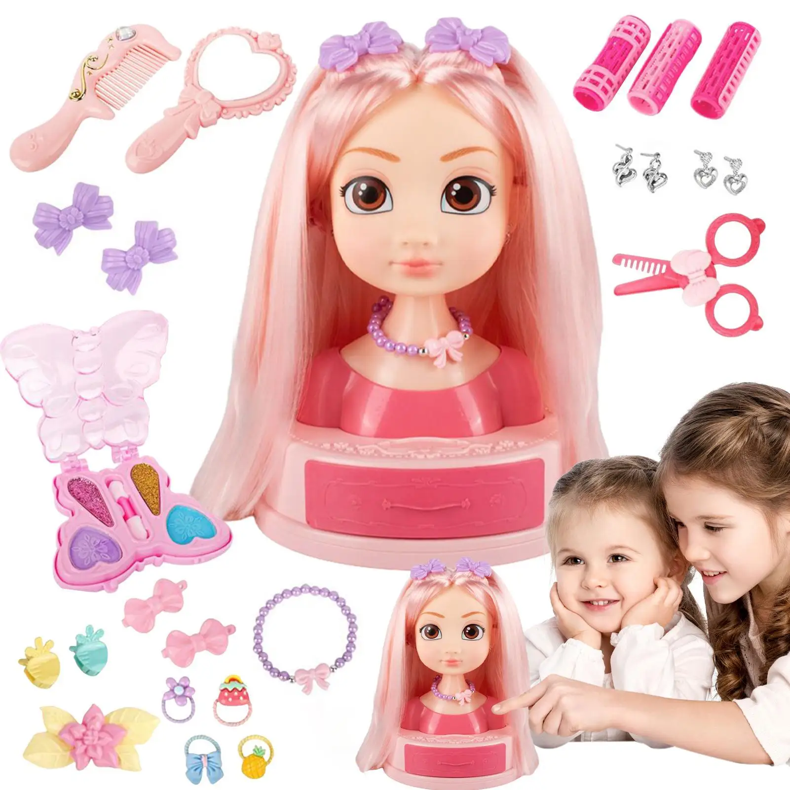 

Beauty Hair Stylist Set For Kids Hair Styling Doll Head Makeup Kit Hairstyling Dress Up Toy Kit With Ear Studs Curling Irons