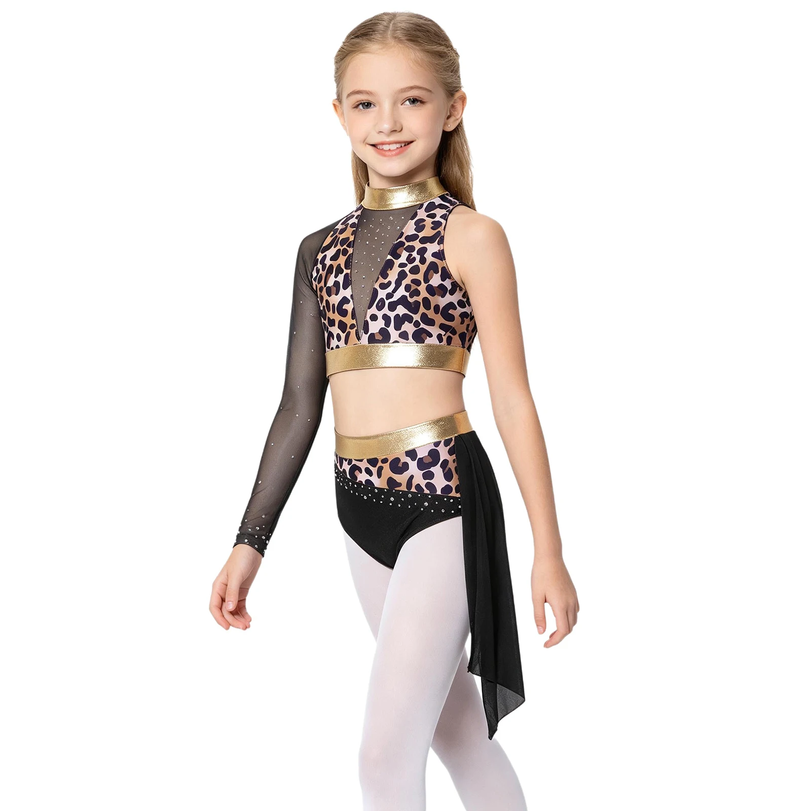 Kids Girls Ballet Dance Figure Skating Artistic Gymnastics Performance Costume Long Sleeve Rhinestone Mesh Crop Top with Bottoms