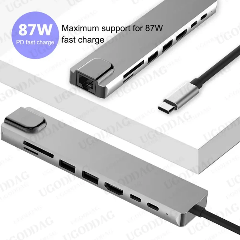 Adaptor kartu USB tipe-c Hub ke 4K, adaptor multifungsi pengisi daya Cepat PD kompatibel dengan RJ45 USB SD/TD untuk MacBook Pro HUAWEI