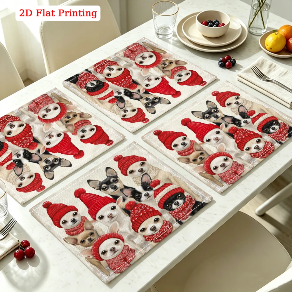 2Pcs Cute Chihuahua Dog Placemat Multicolor Winter Hat Print Table Mat Kitchen Dining Decor Non Slip Heat Resistant 30X40Cm