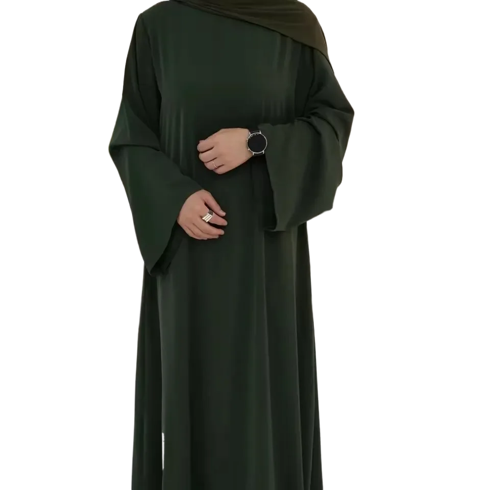 

Elegant Solid Green Abaya Muslim Maxi Dress for Women Long Sleeve Waist Belted Islamic Robe Dubai Turkey Kaftan Modest Clothing