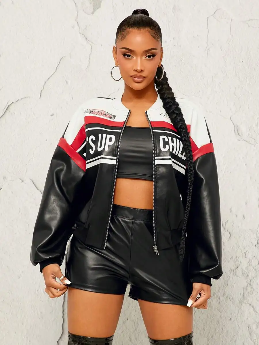 سترة نسائية من جلد البولي يوريثان مع رسومات حروف وتصميم كتلة ألوان، كتف منسدل، خريف/شتاء