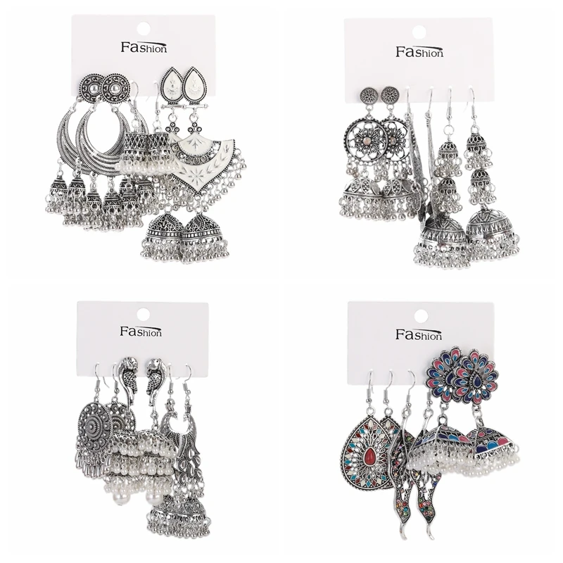 New Ethnic Silver Color Dangle Earring Set Women's Geometry Hollow Flower Lantern Tassel Wedding Pendientes Earring Jewelry