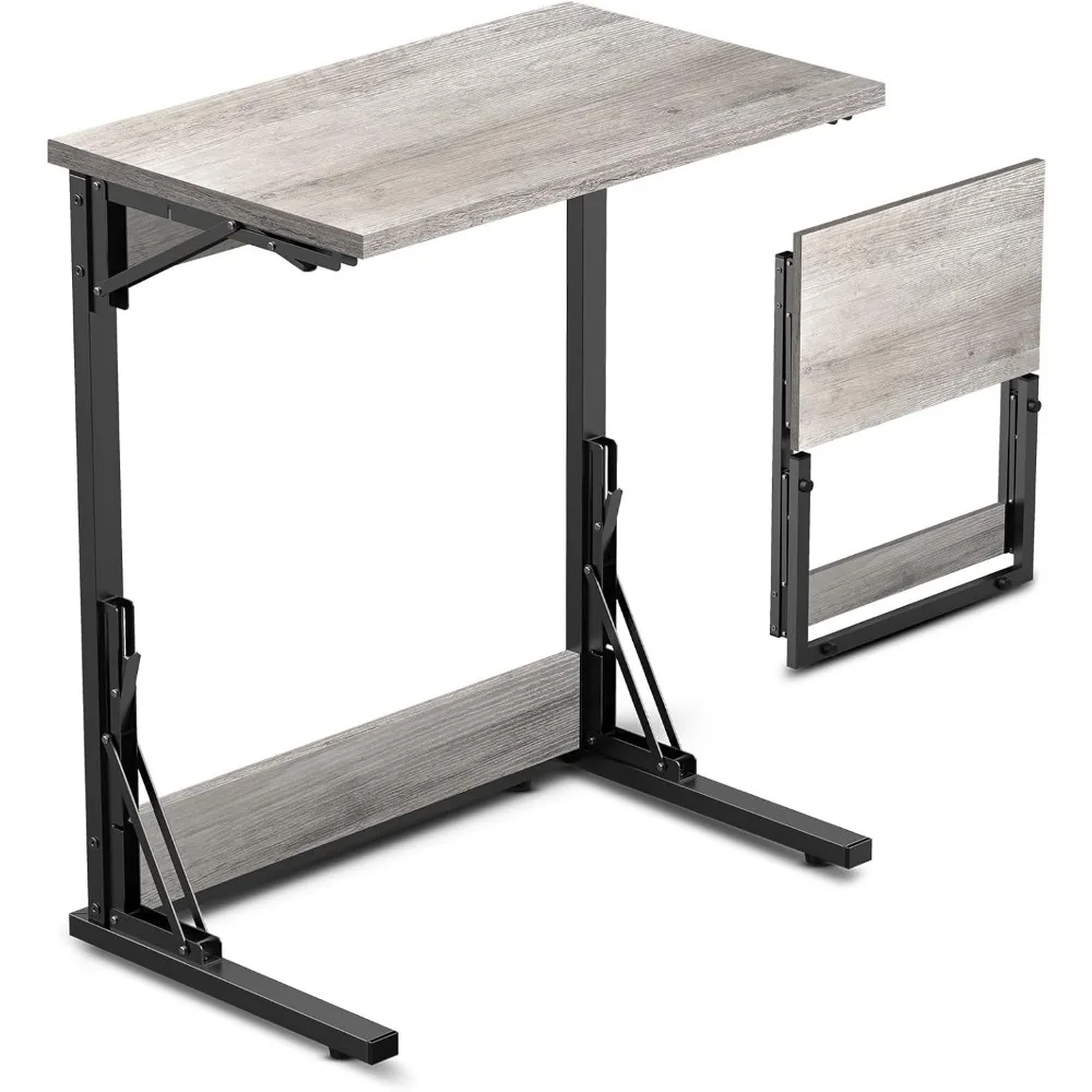 

24" Folding C Shaped End Table, Small Sofa Side Laptop Desk, Couch TV Tray Table for Living Room Bedroom Light Ivory