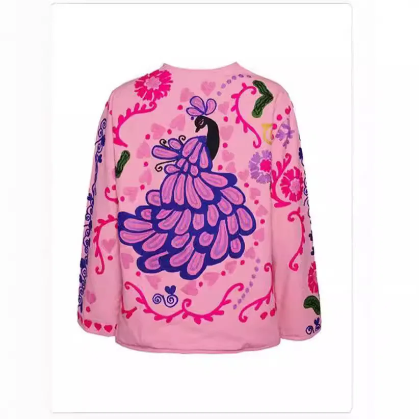 Słodki, długi płaszcz z nadrukiem, zapinany na jeden guzik, różowy, modny, odzież wierzchnia damska, płaszcz wiosenny 2025, materiał PU.