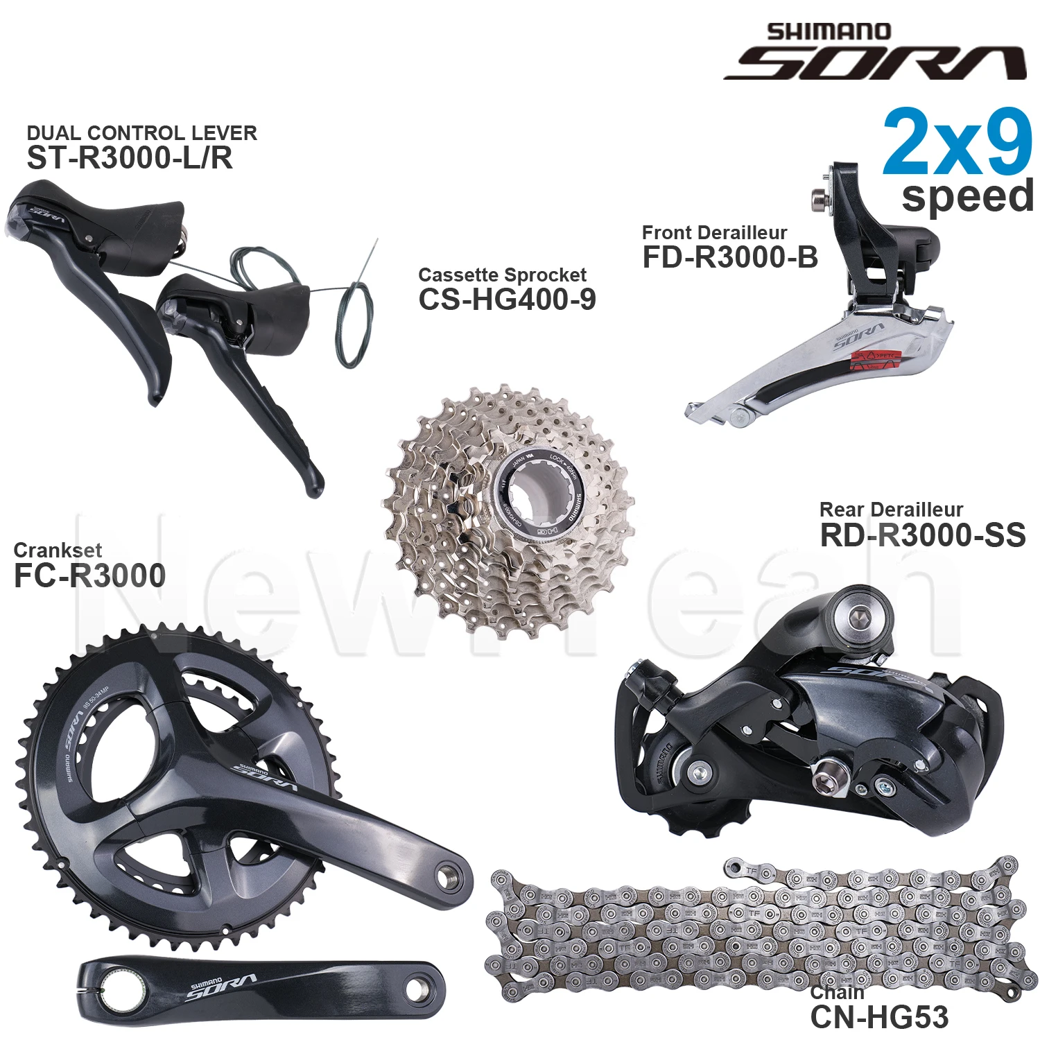 SHIMANO SORA R3000 2x9 Speed Groupset with ST-R3000 FD-R3000 RD-R3000 CS-HG400-9 Cassette Sprocket Chain FC-R3000 Original