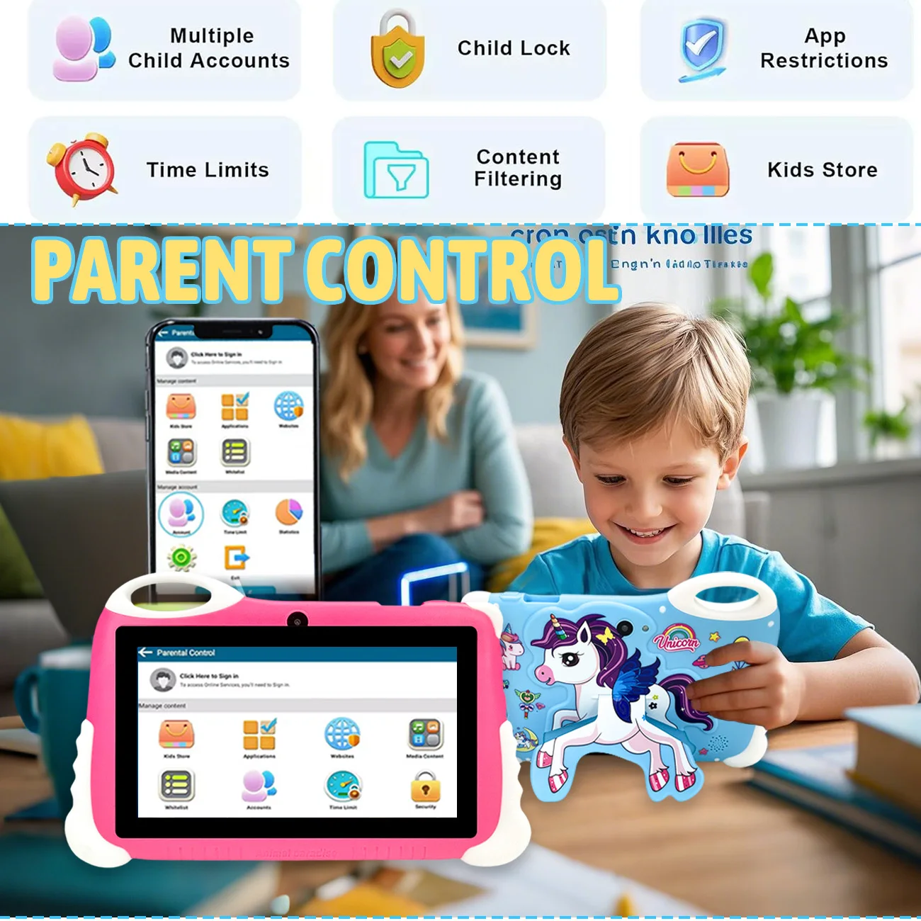 7-inch Android-kindertablet 12 onderwijstablet met dubbele camera's, ontworpen voor jongens en meisjes als leuke verjaardag, kerstcadeaus