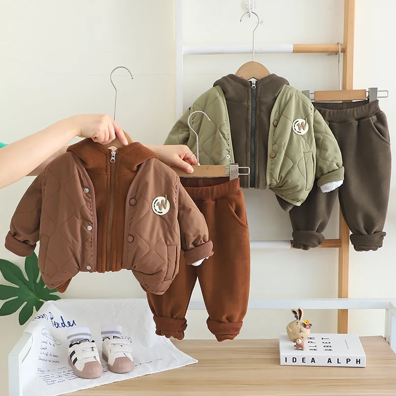 2025 Winter Kids Boys Fleece Lined Set Warm Hoodie & Vest & Pants 3-Piece Outfit Thickened Toddler Girls Coat Clothes