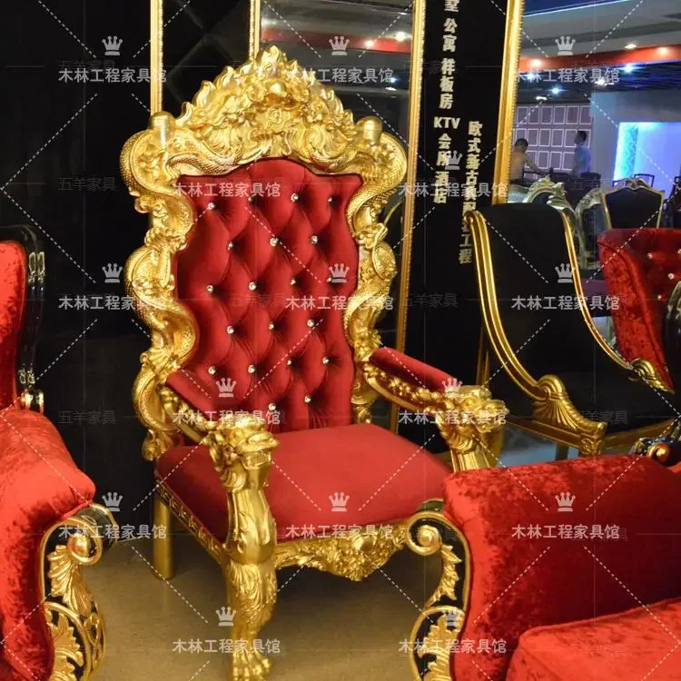 Customized European style carved dragon chair hotel entertainment club high back single sofa chair KTV gold leaf king chair disc