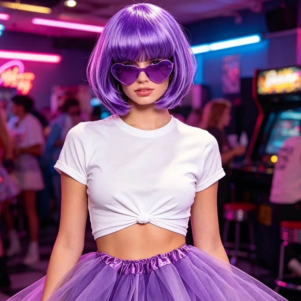 3Pcs Colorful Short Bob Hair Wig Halloween Christmas Role-playing Short Hair Wig with Hairnet and Glasses Party Cosplay Wig Set