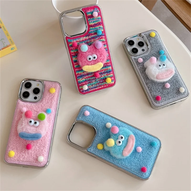 

3D Funny Plush Cartoon stuffed sausage mouth monster hand warmer case for iphone 16 ProMax 15Pro 14 13 12 Luxury Plating frame