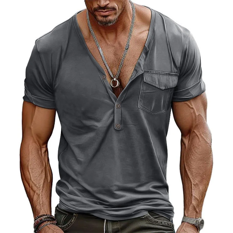 

Men's T Shirt Fashion Patches Pocket Buttoned V Neck Henley Shirts Vintage Solid Color Short Sleeve T-shirts