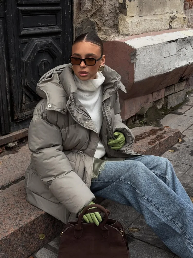 

Women Fashion Drawstring Hooded Cotton Coat Solid Stand Collar Zipper Loose Warm Short Coats Lady 2025 Winter Daily Street Wear