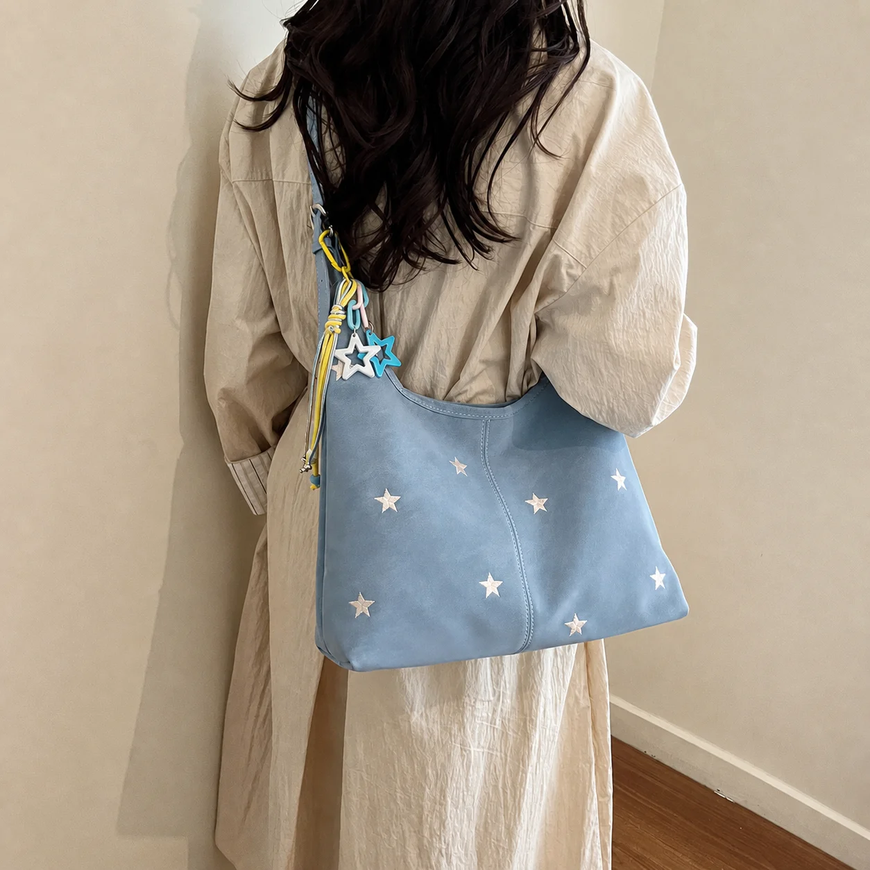 Star Embroidered Tote Bag Stylish Women'S Shoulder Handbag Medium Tote Bag Versatile Adjustable Shoulder Bag For Shopping Work