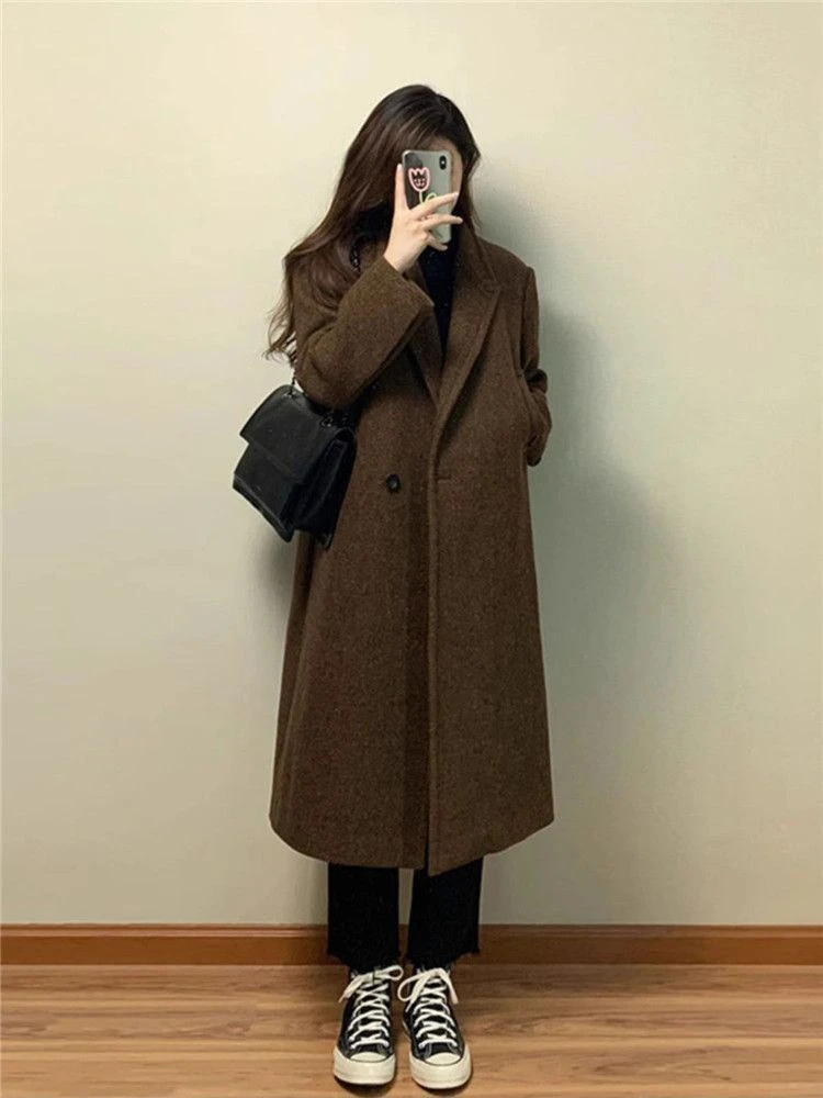 Estilo coreano feminino terno de lã jaqueta outono e inverno 2024 novo longo high-end trenchcoat senhora do escritório casaco trespassado topo