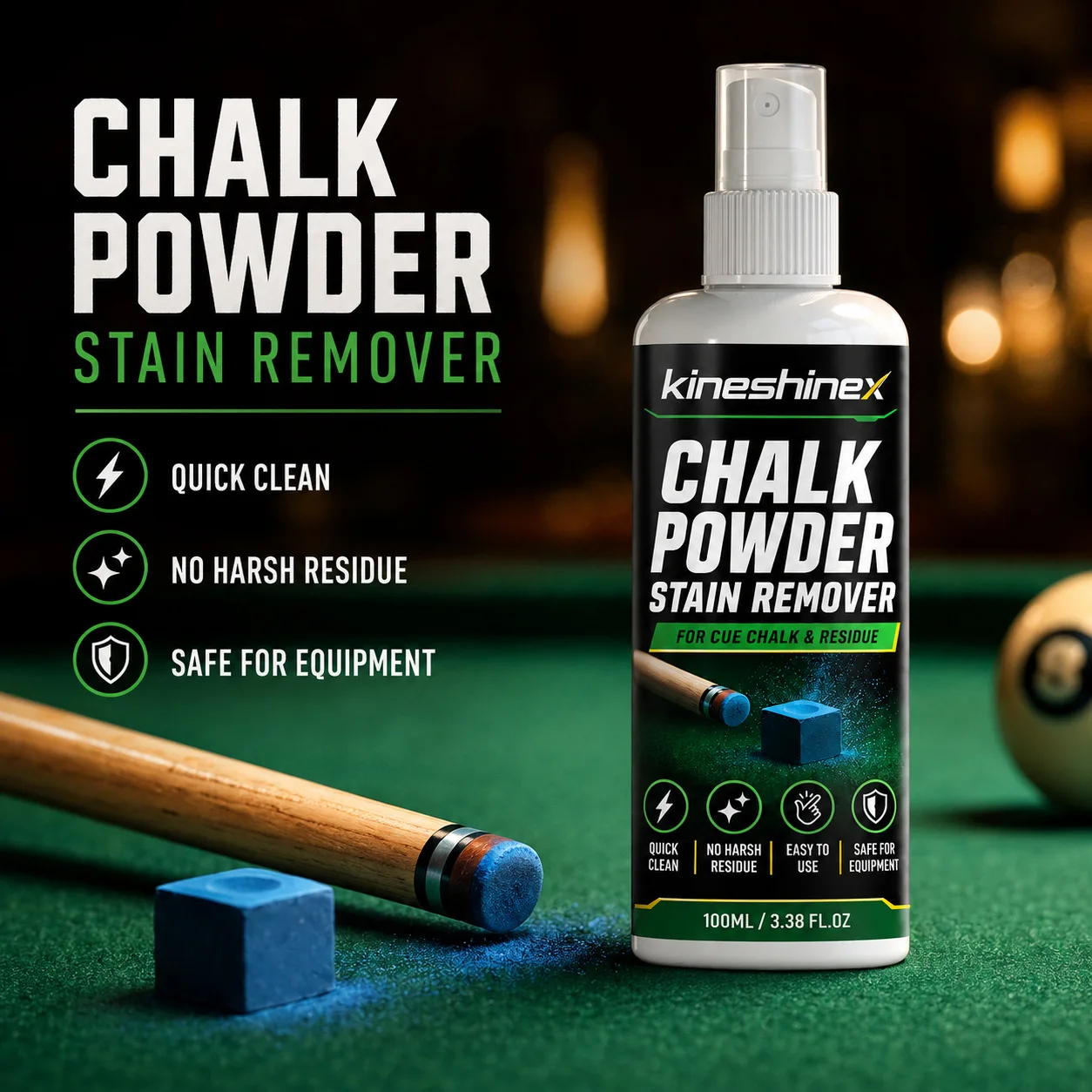 Billiard Chalk Powder Stain Remover Spray 100ml, Cue Chalk Residue Cleaner for Pool Cues, Table Rails, Cases and Accessories