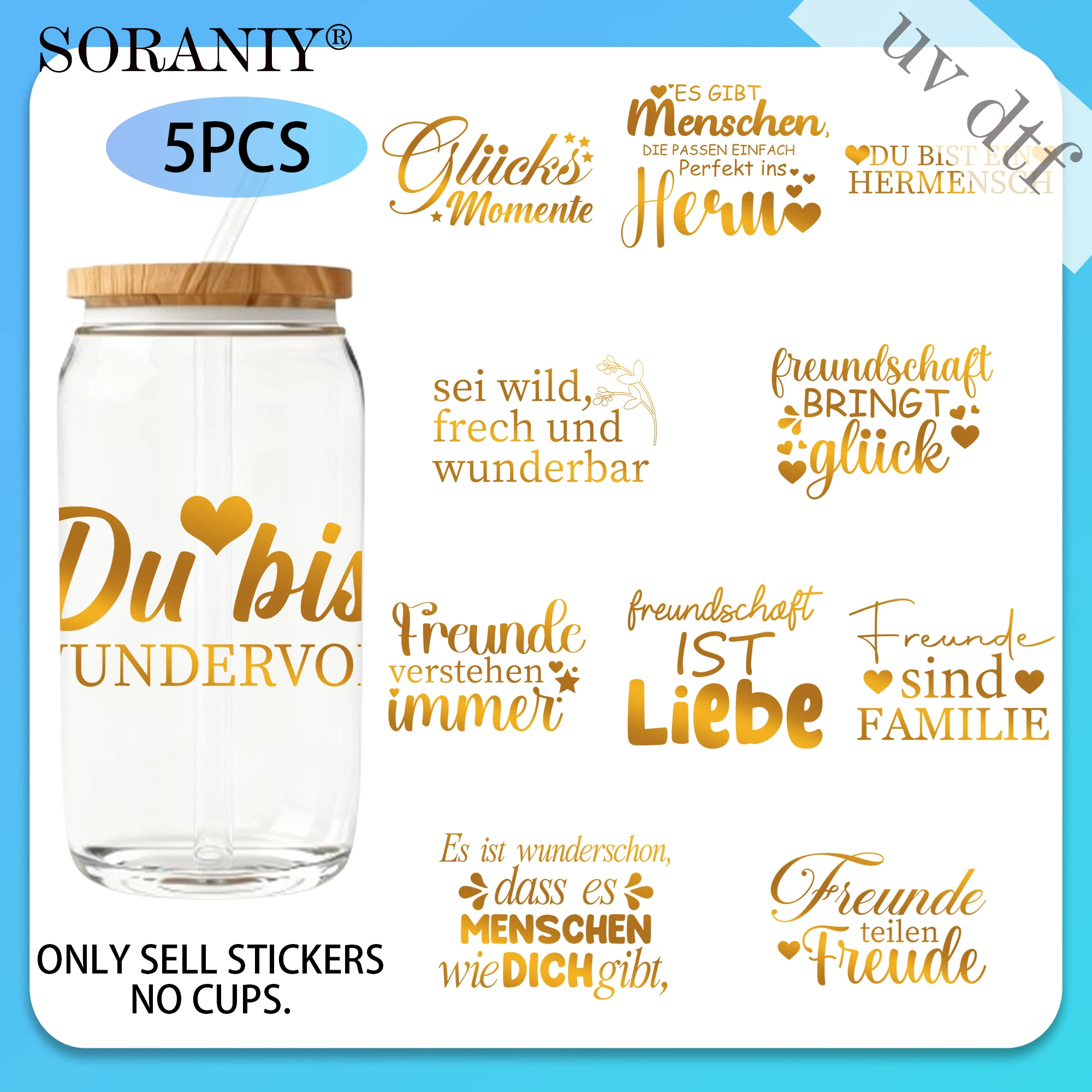 UV DTF 16OZ DIY Transfer Stickers - 5 Pieces/Set Golden Text German Inspirational Quotes Theme 16 Oz Glass Jar Packaging Transfe