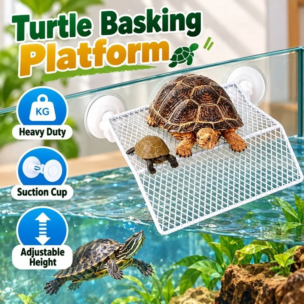 Suction Cup Turtle Basking Platform Adjustable Height Wall-Mounted Turtle Sunbathing Stand Wire Mesh Reptile Resting Platform